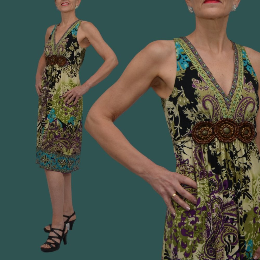 Ice | V Neck Tie Back Midi Dress | Size 6 | Multi Color